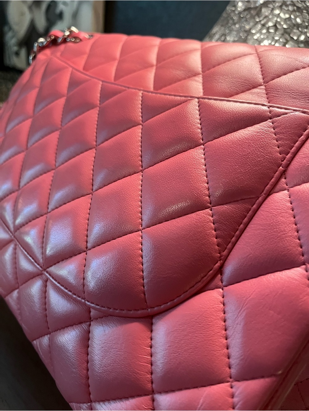 CHANEL Jumbo Quilted Double Flap Shoulder Bag in Hot Pink with Silver Hardware - Picture 11 of 13